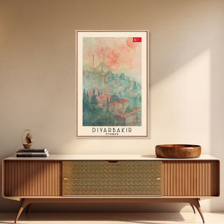 Diyarbakir Turkey Cultural Heritage Framed Canvas Print, Vintage Travel Poster, Turkish Watercolor Art, Exotic Home Decor, Historical Wall Art, Living Room Display