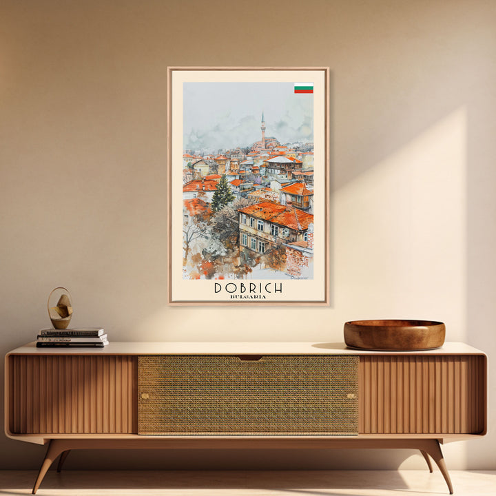 Dobrich Bulgaria Quaint Town Framed Canvas Print, Watercolor Travel Poster, Bulgarian Village Art, Rustic Home Decor, Vintage Wall Art, Living Room Enhancement