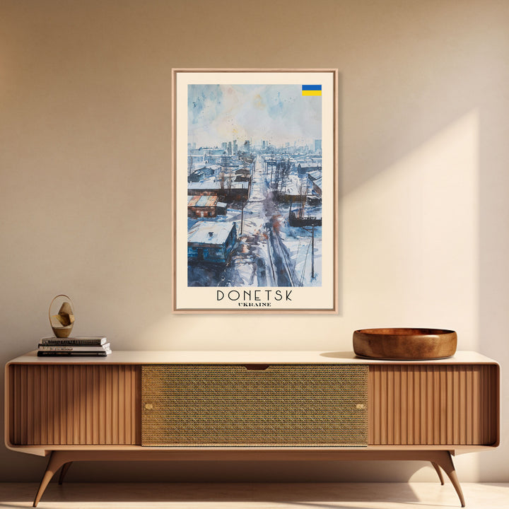 Donetsk Ukraine Winter Scene Framed Canvas Print, Watercolor Travel Poster, Ukrainian Urban Art, Cold Season Decor, Unique Wall Art, Living Room Decoration