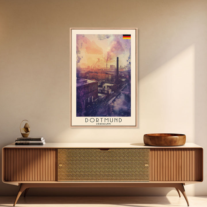 Dortmund Germany Industrial Cityscape Framed Canvas Print, Watercolor Travel Poster, German Urban Art, Modern Home Decor, Industrial Wall Art, Living Room Design