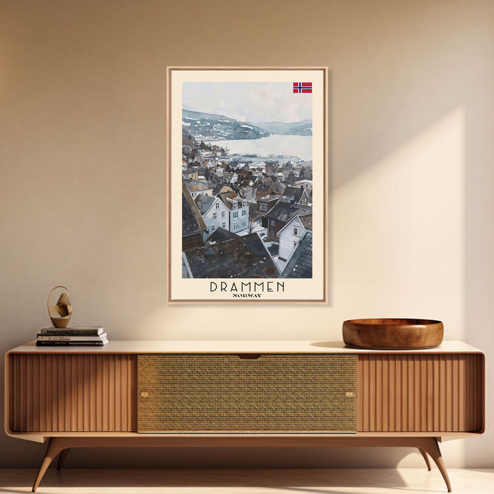 Drammen Norway Serene Landscape Framed Canvas Print, Watercolor Travel Poster, Norwegian Scenic Art, Tranquil Home Decor, Peaceful Wall Art, Living Room Beauty