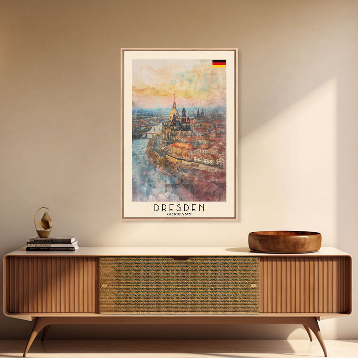Dresden Germany Architectural Marvel Framed Canvas Print, Watercolor Travel Poster, German Historical Art, Elegant Home Decor, Classic Wall Art, Living Room Centerpiece