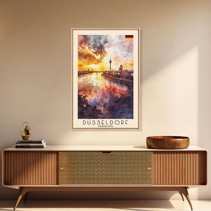 Dusseldorf, Germany Sunset Framed Canvas Print. Striking Wall Art for Living Room or Bedroom, Urban Travel Poster Decor.