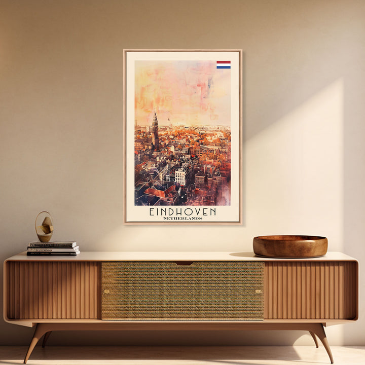 Eindhoven, Netherlands Framed Canvas Print. Modern Wall Art for Living Room or Bedroom, Cityscape Travel Poster Art.
