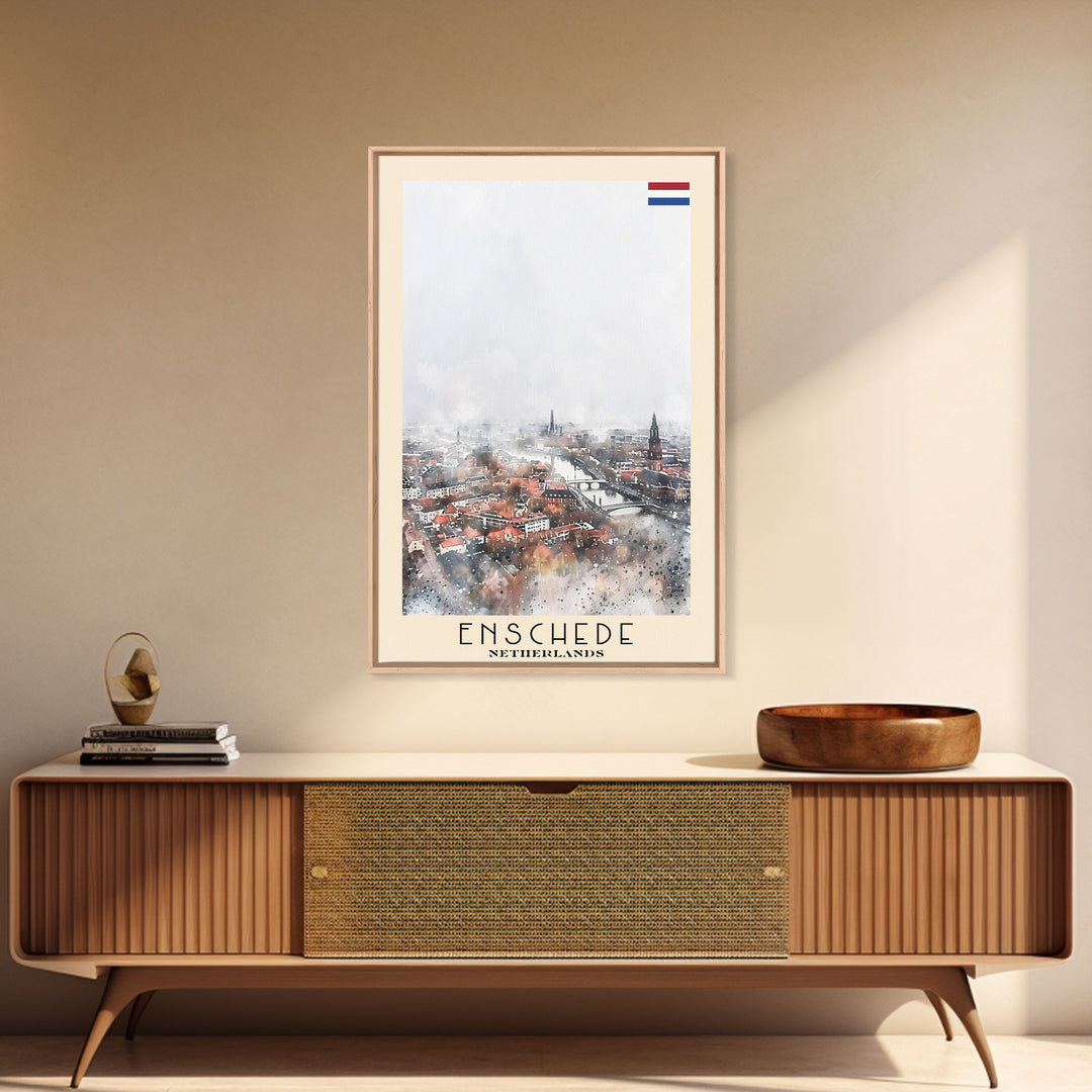 Enschede, Netherlands Framed Canvas Print. Urban Winter Wall Art for Living Room or Bedroom Decor, Travel Poster Art.