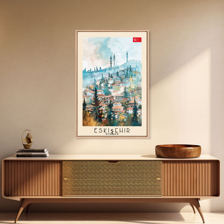 Eskisehir Turkey Charming Watercolor Framed Canvas Print, Captivating Travel Poster Art for Living Room and Bedroom Decor