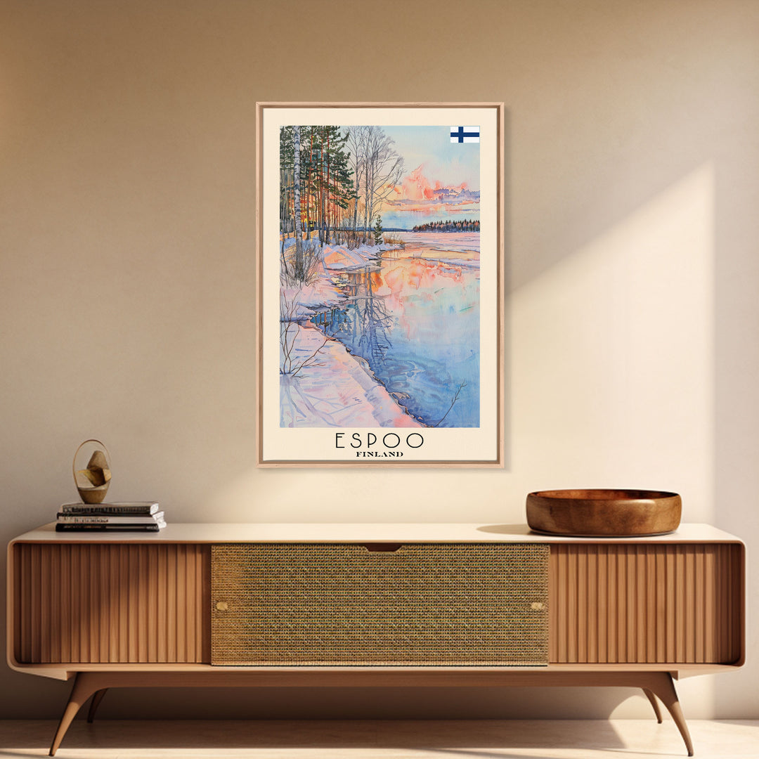 Espoo Finland Serene Landscape Watercolor Framed Canvas Print, Tranquil Travel Poster Art for Home and Office Wall Decor