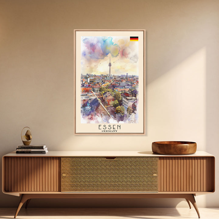 Essen Germany Vibrant Cityscape Watercolor Framed Canvas Print, Dynamic Travel Poster Art for Living Room and Bedroom Decor