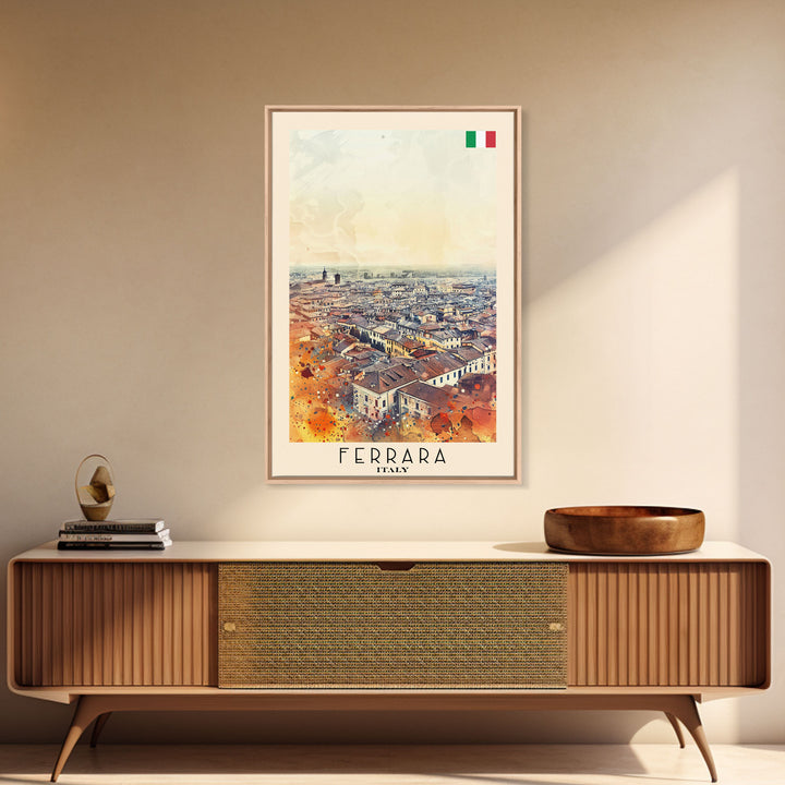 Ferrara Italy Historic Watercolor Framed Canvas Print, Elegant Travel Poster Art for Living Room and Office Wall Decor