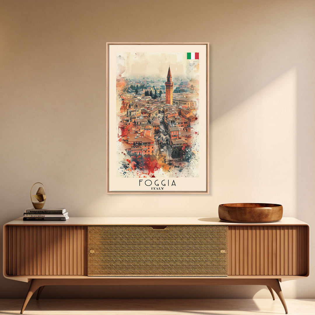 Foggia Italy Architectural Watercolor Framed Canvas Print, Striking Travel Poster Art for Living Room and Office Decor