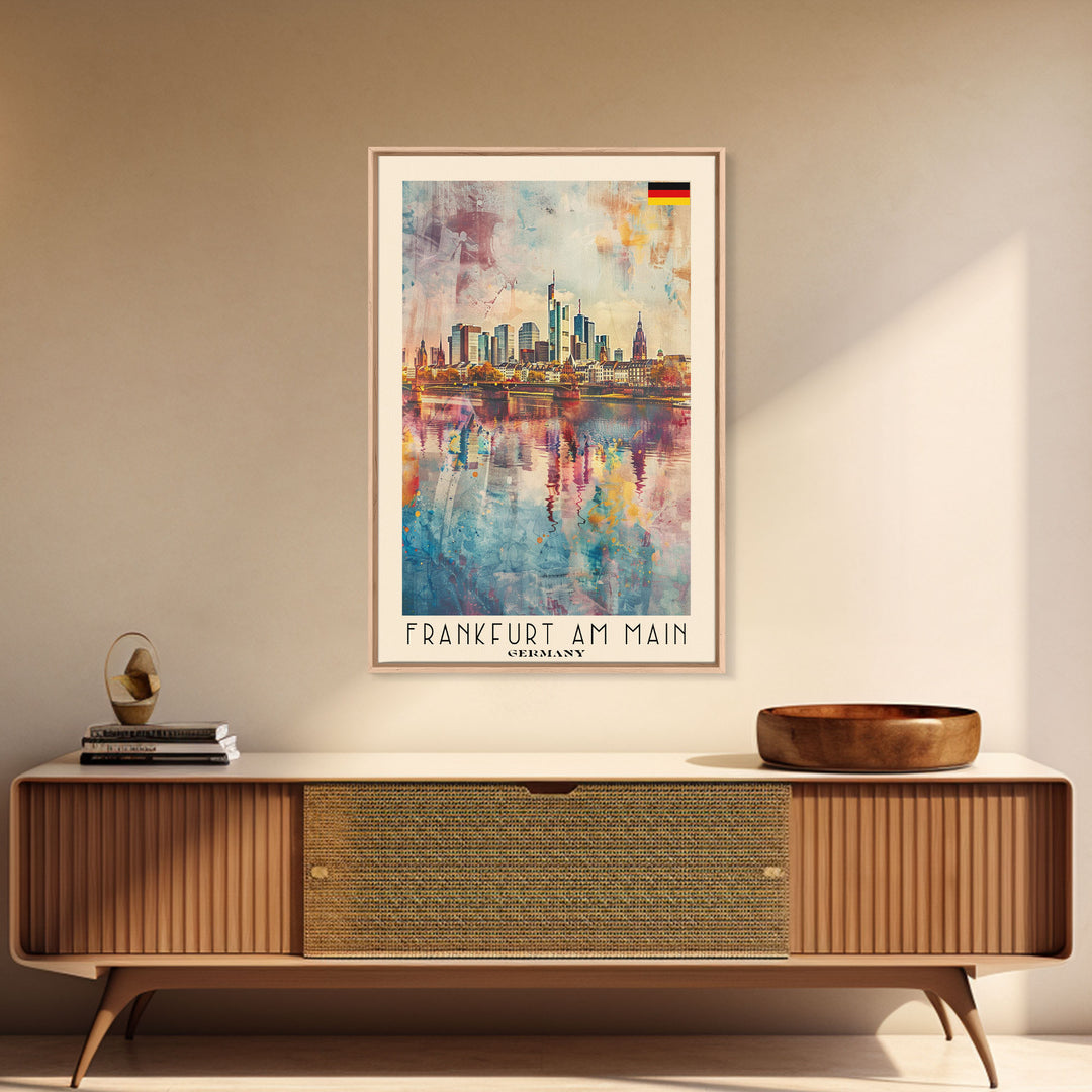 Frankfurt Germany Modern Skyline Watercolor Framed Canvas Print, Contemporary Travel Poster Art for Home and Office Wall Decor
