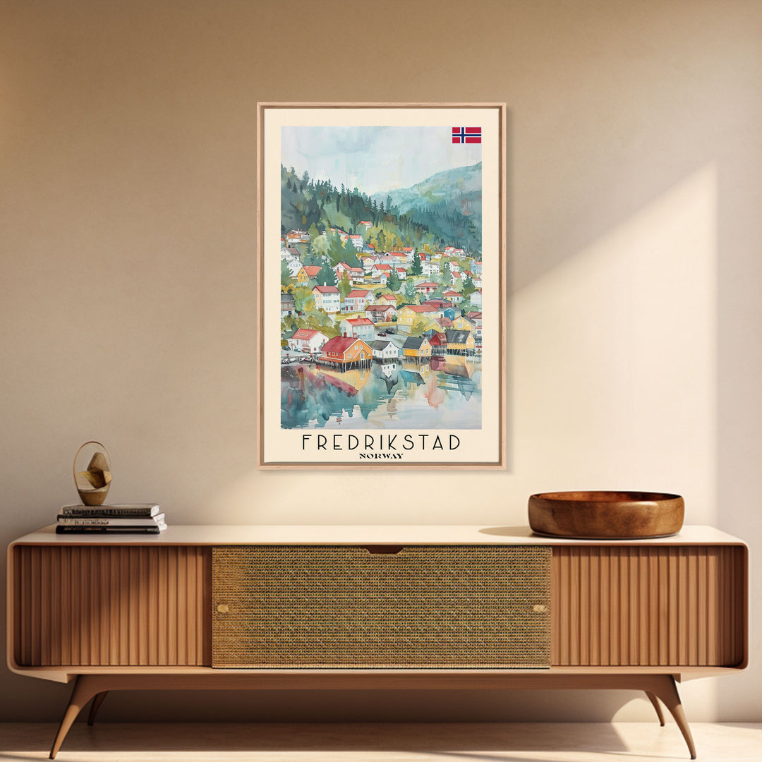 Fredrikstad Norway Picturesque Watercolor Framed Canvas Print, Enchanting Travel Poster Art for Living Room and Bedroom Decor