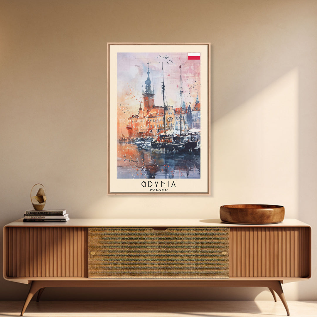 Gdynia, Poland Travel Poster Art, Framed Canvas Print for Living Room or Bedroom, Scenic Harbor Wall Art, Home Decoration