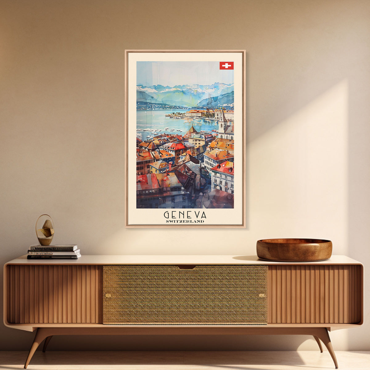 Geneva, Switzerland Travel Poster Art, Framed Canvas Print for Living Room or Bedroom, Scenic Wall Art, Home Decoration