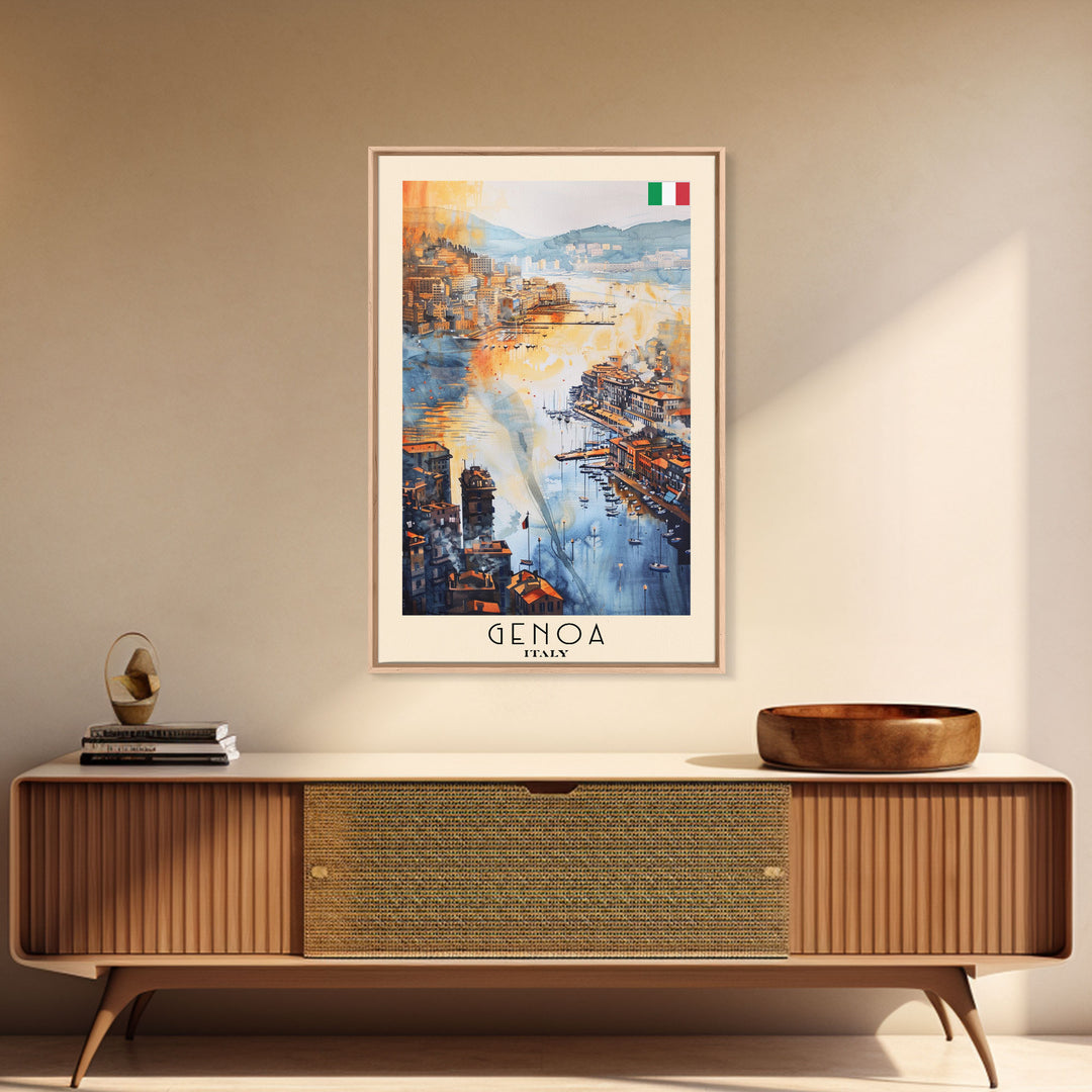 Genoa Italy Watercolor Cityscape Art, Framed Canvas Print, Wall Art for Living Room, Travel Poster Art, Home Decor, Italian Art
