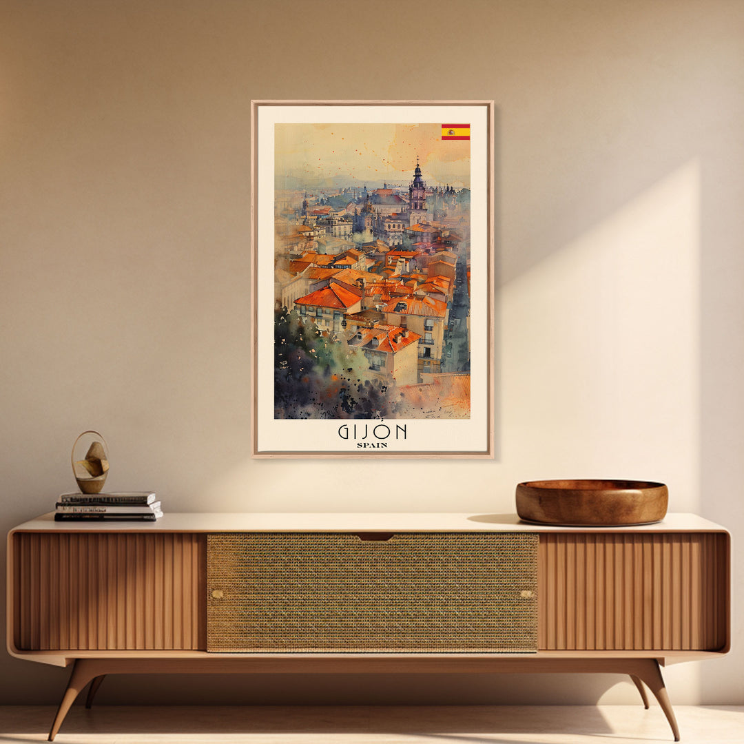 Gijon Spain City View Art, Framed Canvas Print, Bedroom Wall Art, Travel Poster Art, Unique Home Decor