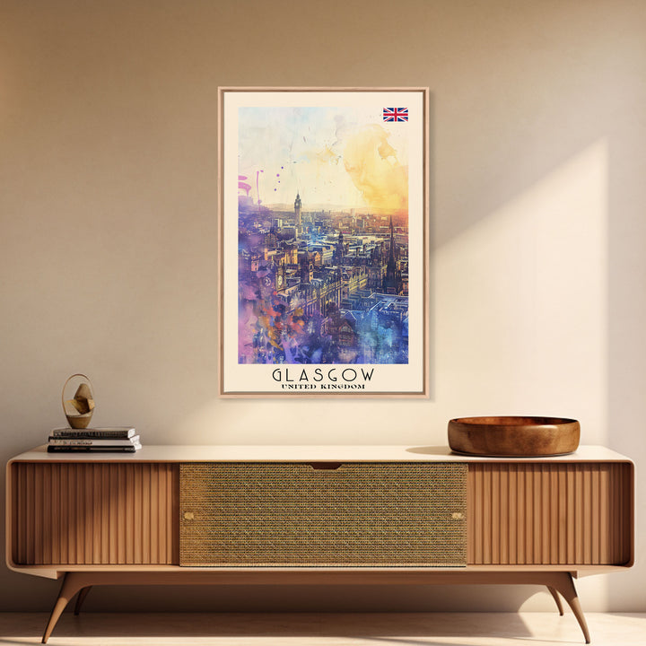 Glasgow United Kingdom Skyline Art, Framed Canvas Print, Living Room Wall Art, Travel Poster, Home Decor, UK Art