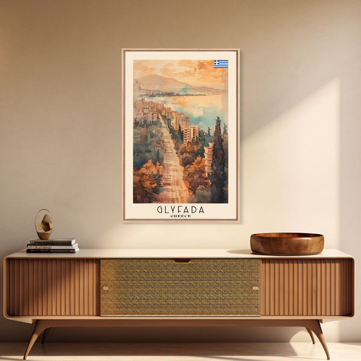 Glyfada Greece Coastline Art, Framed Canvas Print, Living Room Wall Art, Travel Poster, Home Decor, Greek Art