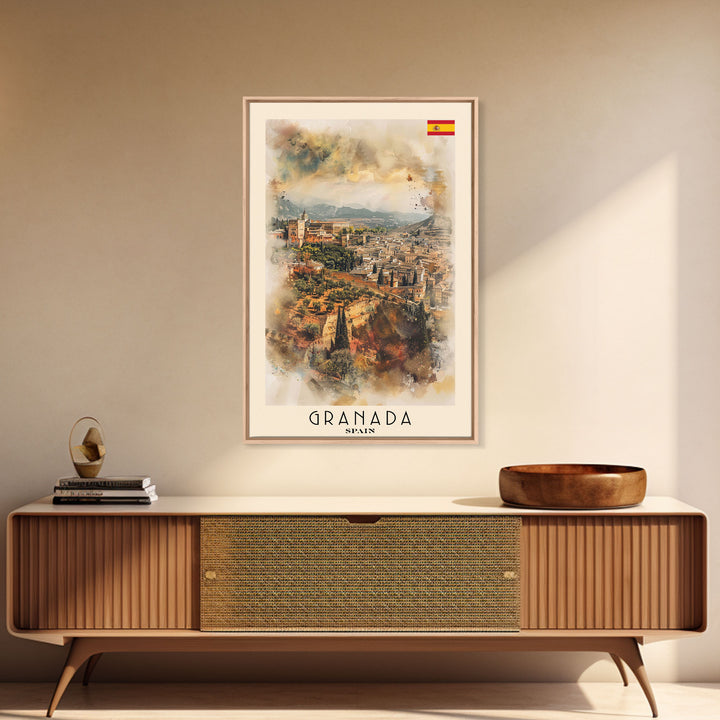 Granada Spain Landscape Art, Framed Canvas Print, Bedroom Wall Art, Travel Poster, Home Decor, Spanish Art