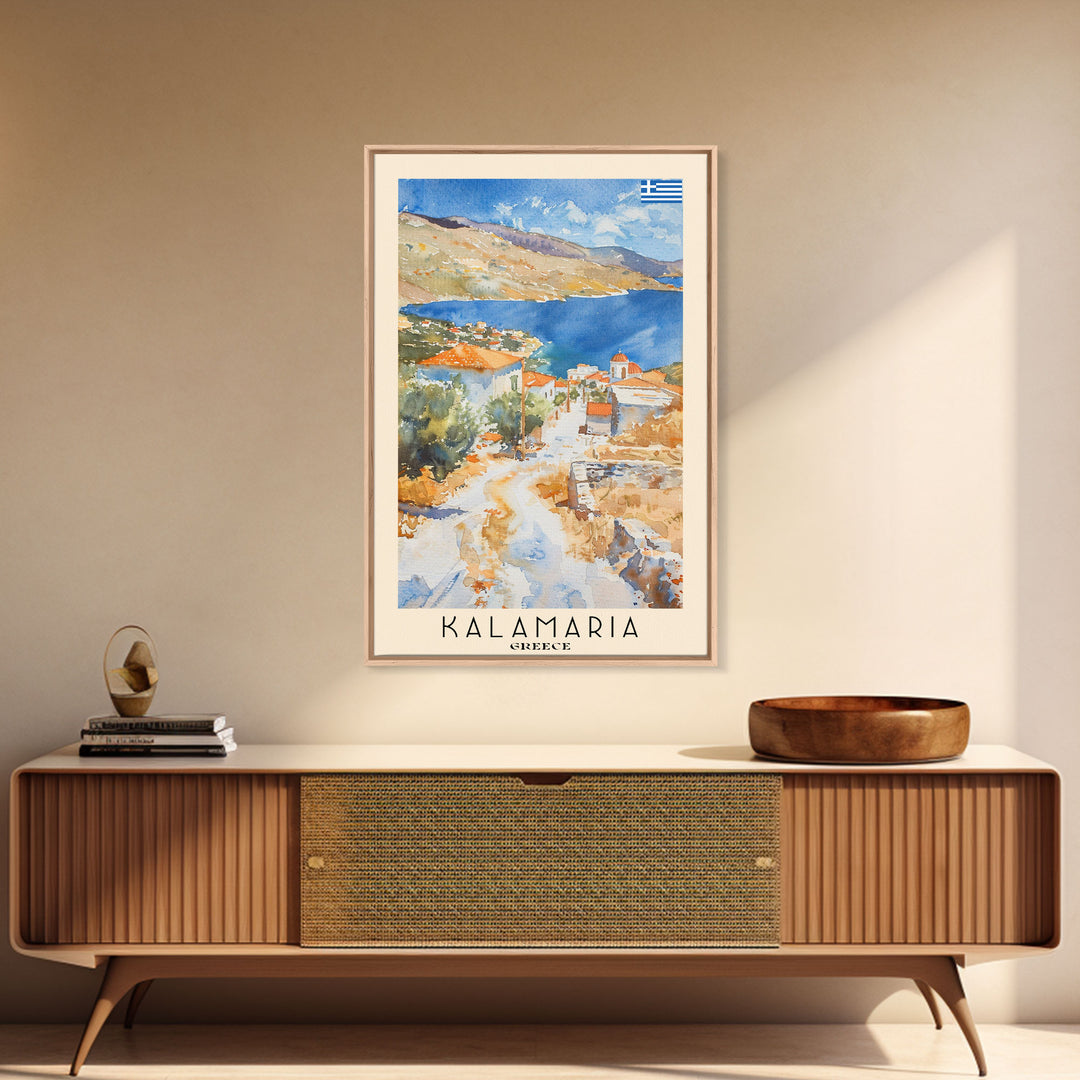 Kalamaria Greece Coastal View, Framed Canvas Print, Travel Poster, Nautical Wall Art, Living Room Decor, Greek Cityscape, Seaside Home Decoration