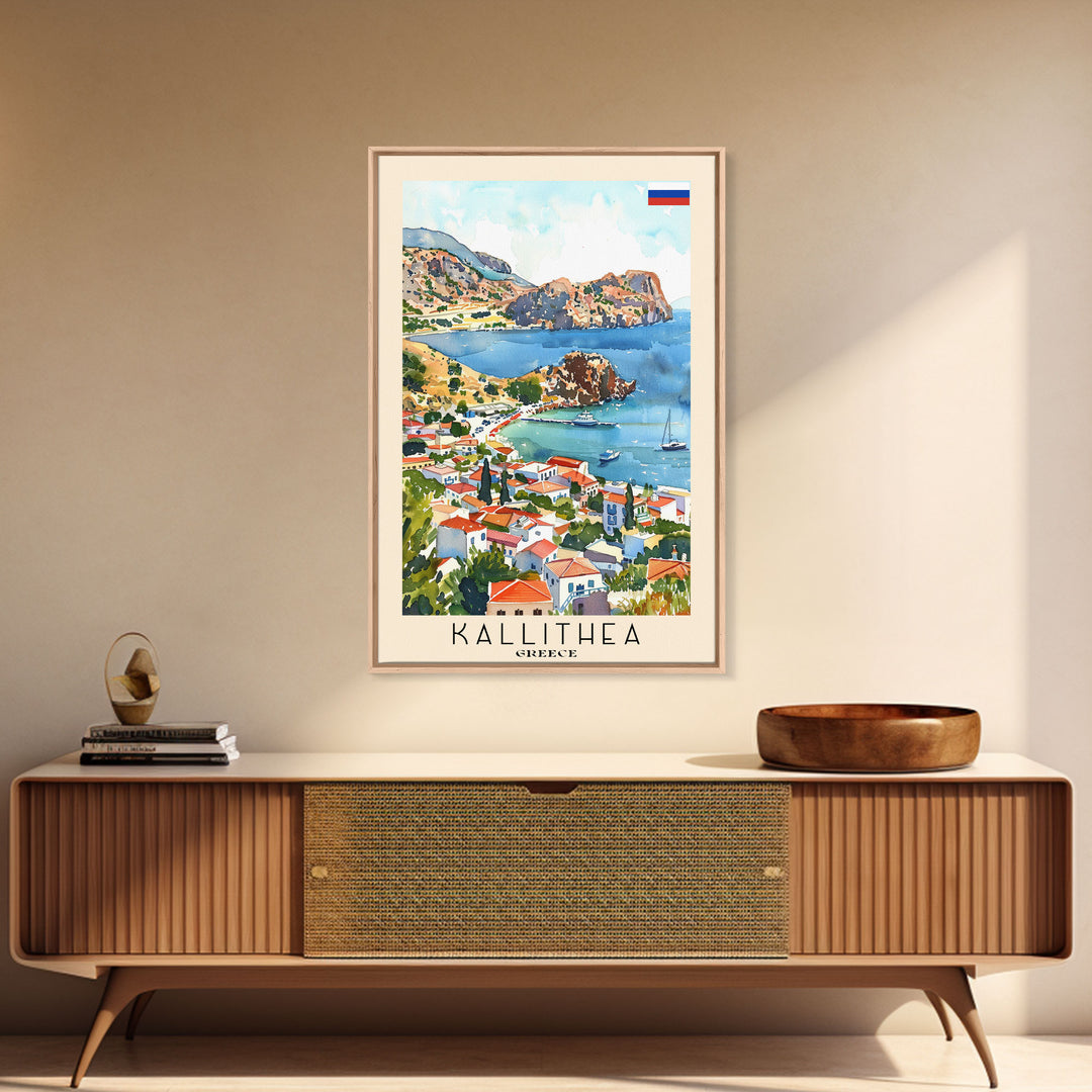 Kallithea Greece Coastal City View, Framed Canvas Print, Travel Poster, Mediterranean Wall Art, Living Room Decor, Greek Cityscape, Seaside Home Decoration