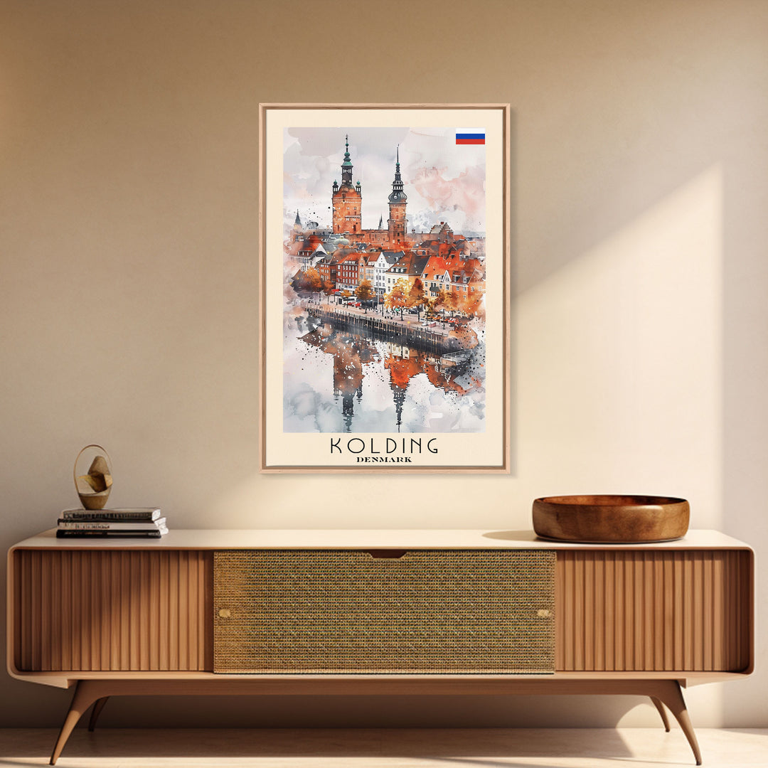 Kolding Denmark Waterfront View, Framed Canvas Print, Travel Poster, Wall Art, Kitchen Decor, Danish Urban Painting, Waterfront Scenery