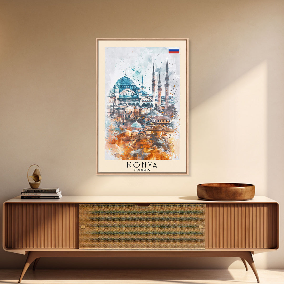 Konya Turkey Historic Cityscape, Framed Canvas Print, Travel Poster, Wall Art, Living Room Decoration, Turkish Heritage Artwork, Historical City Scene