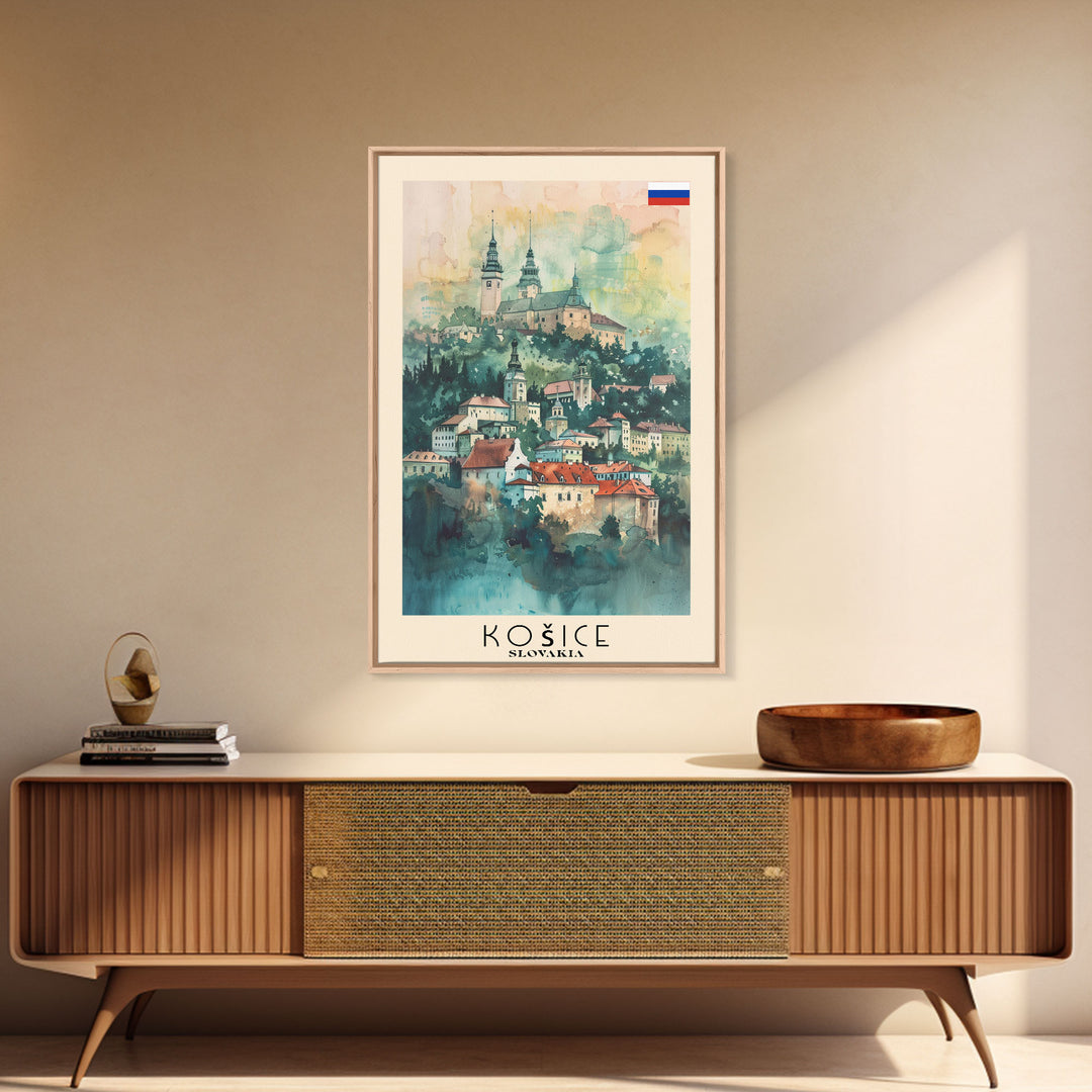 Kosice Slovakia Historic Cityscape, Framed Canvas Print, Travel Poster, Wall Art, Office Decor, Slovakian Urban Painting, Historic City Scene
