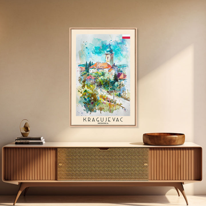 Kragujevac Serbia Travel Poster Framed Canvas Print, Watercolor Painting, Boho Wall Art, Living Room Decor, Scenic Art, Travel Print