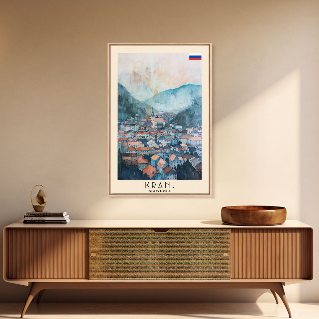Kranj Slovenia Travel Poster Framed Canvas Print, Watercolor Painting, Scenic Wall Art, Living Room Decor, Artistic Travel Print, Vacation Souvenir