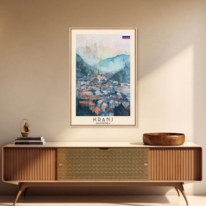 Kranj Slovenia Travel Poster Framed Canvas Print, Watercolor Painting, Scenic Wall Art, Living Room Decor, Artistic Travel Print, Vacation Souvenir