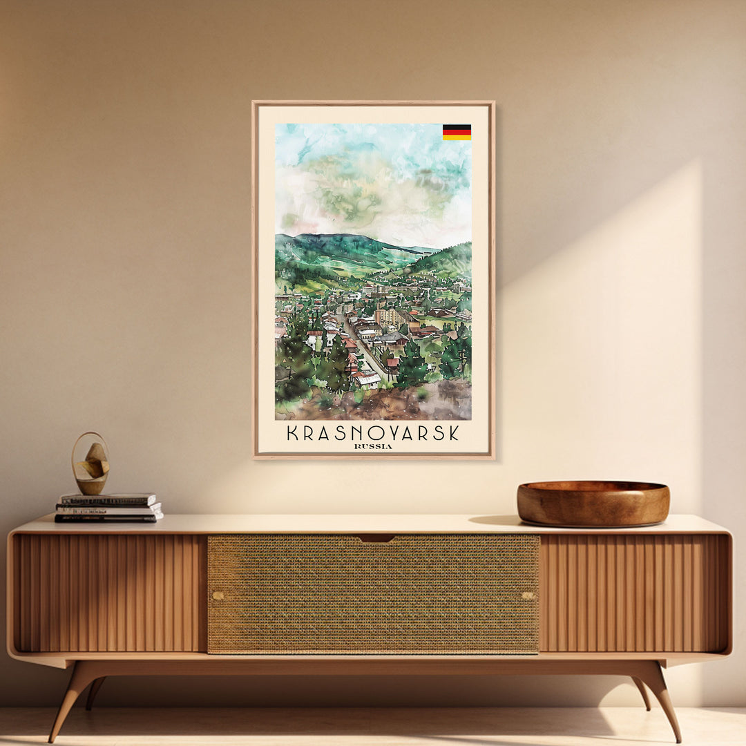 Krasnoyarsk Russia Travel Poster Framed Canvas Print, Watercolor Cityscape, Home Decor, Wall Art, Scenic Painting, Travel Print, Artistic Gift
