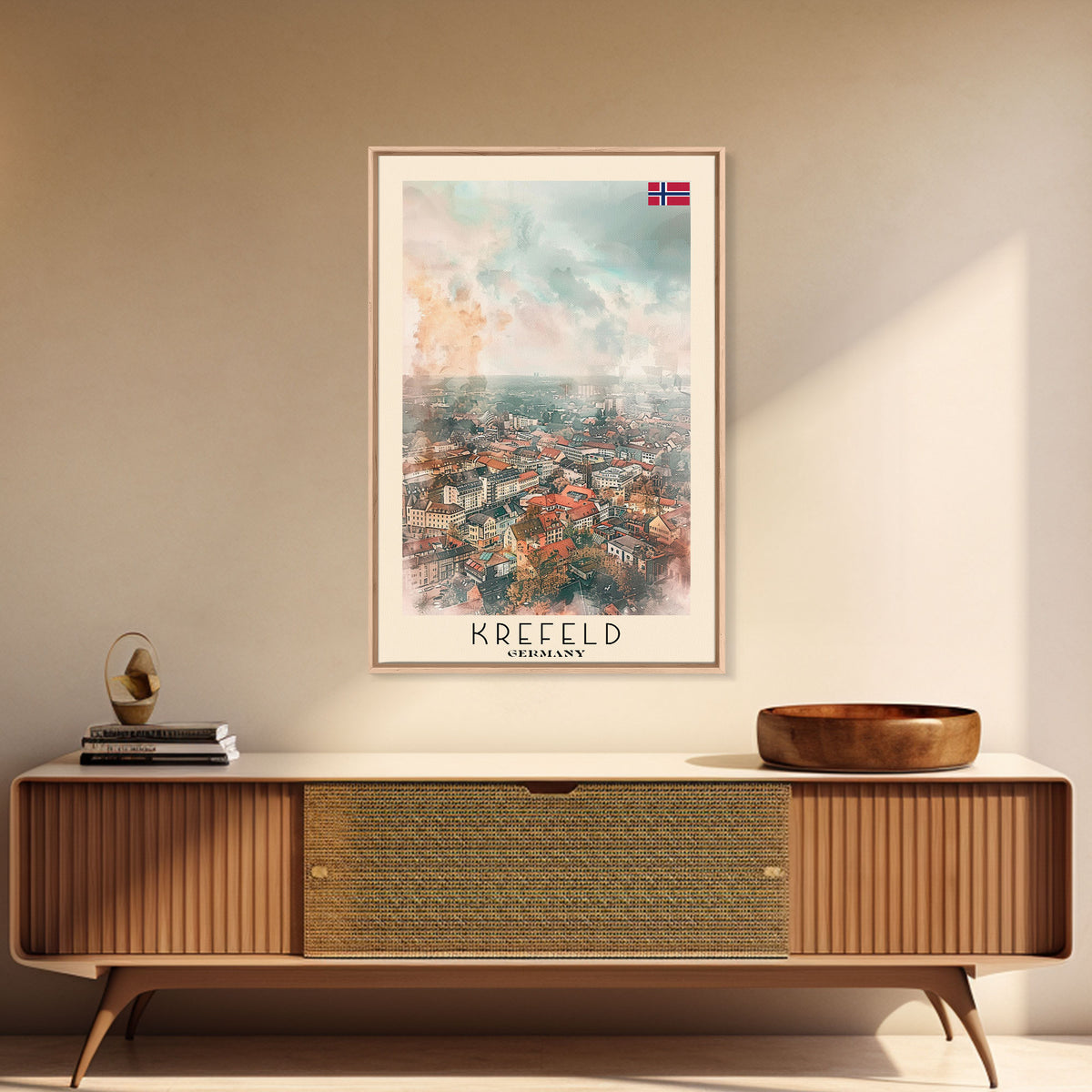 Krefeld Germany Travel Poster Framed Canvas Print, Urban Landscape, Minimalist Wall Art, Home Decor, Original Painting, Travel Print