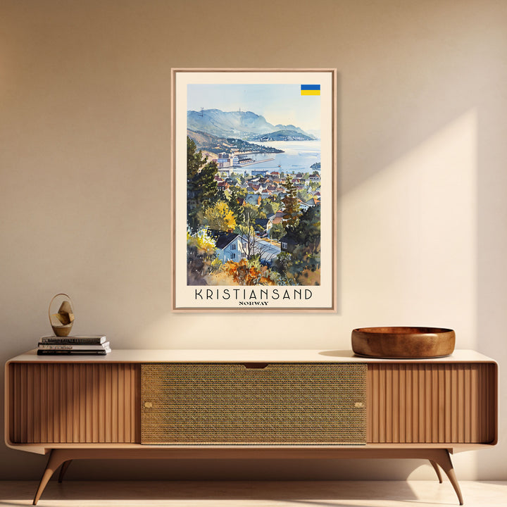 Kristiansand Norway Travel Poster Framed Canvas Print, Scenic Landscape Art, Watercolor Painting, Home Decoration, Travel Print, Artistic Gift