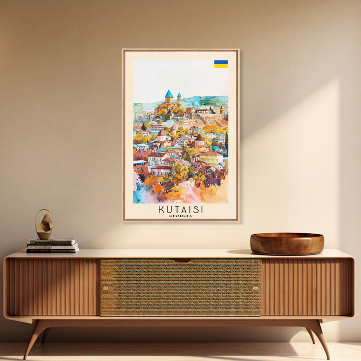 Kutaisi Georgia Travel Poster Framed Canvas Print, Scenic Landscape, Watercolor Art, Wall Decor, Home Decoration, Travel Print, Original Art