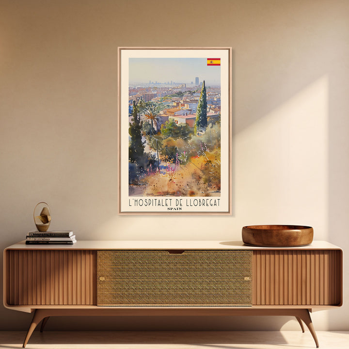 L'Hospitalet Spain Travel Poster Framed Canvas Print, Urban Landscape, Watercolor Painting, Wall Art, Home Decor, Travel Print, Artistic Gift