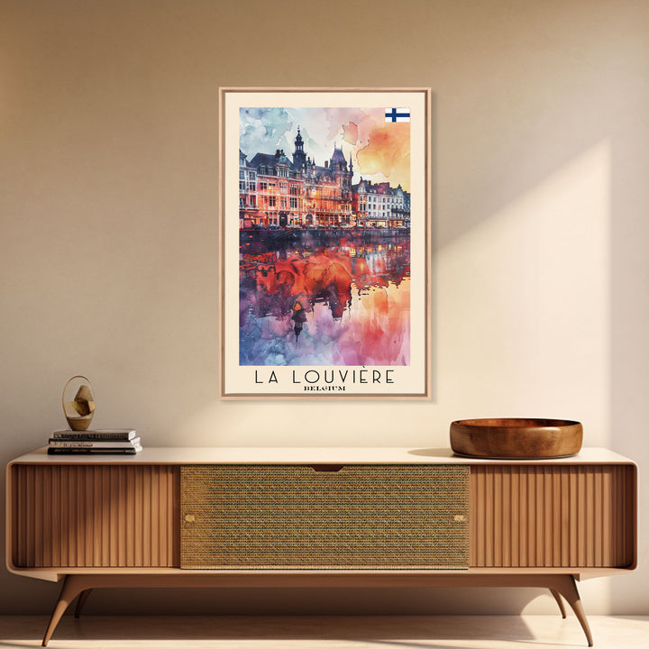 La Louviere Belgium Travel Poster Framed Canvas Print, Urban Landscape, Watercolor Art, Wall Decor, Home Decor, Travel Print, Original Art