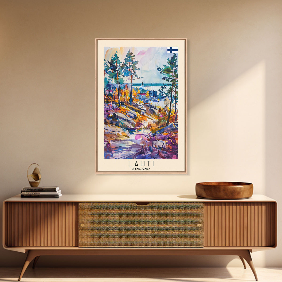 Lahti Finland Travel Poster Framed Canvas Print, Scenic Landscape, Watercolor Art, Wall Decor, Home Decoration, Travel Print, Original Painting