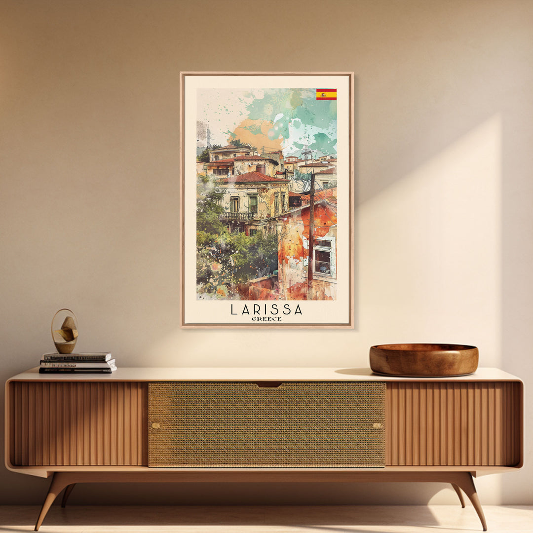 Larissa Greece Travel Poster Framed Canvas Print, Urban Landscape, Watercolor Art, Wall Decor, Home Decoration, Travel Print, Original Art