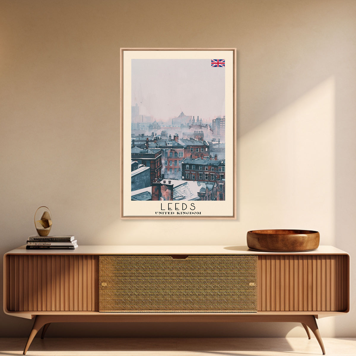 Leeds United Kingdom Travel Poster Framed Canvas Print, Urban Cityscape, Watercolor Art, Wall Decoration, Travel Print, Unique Art Gift