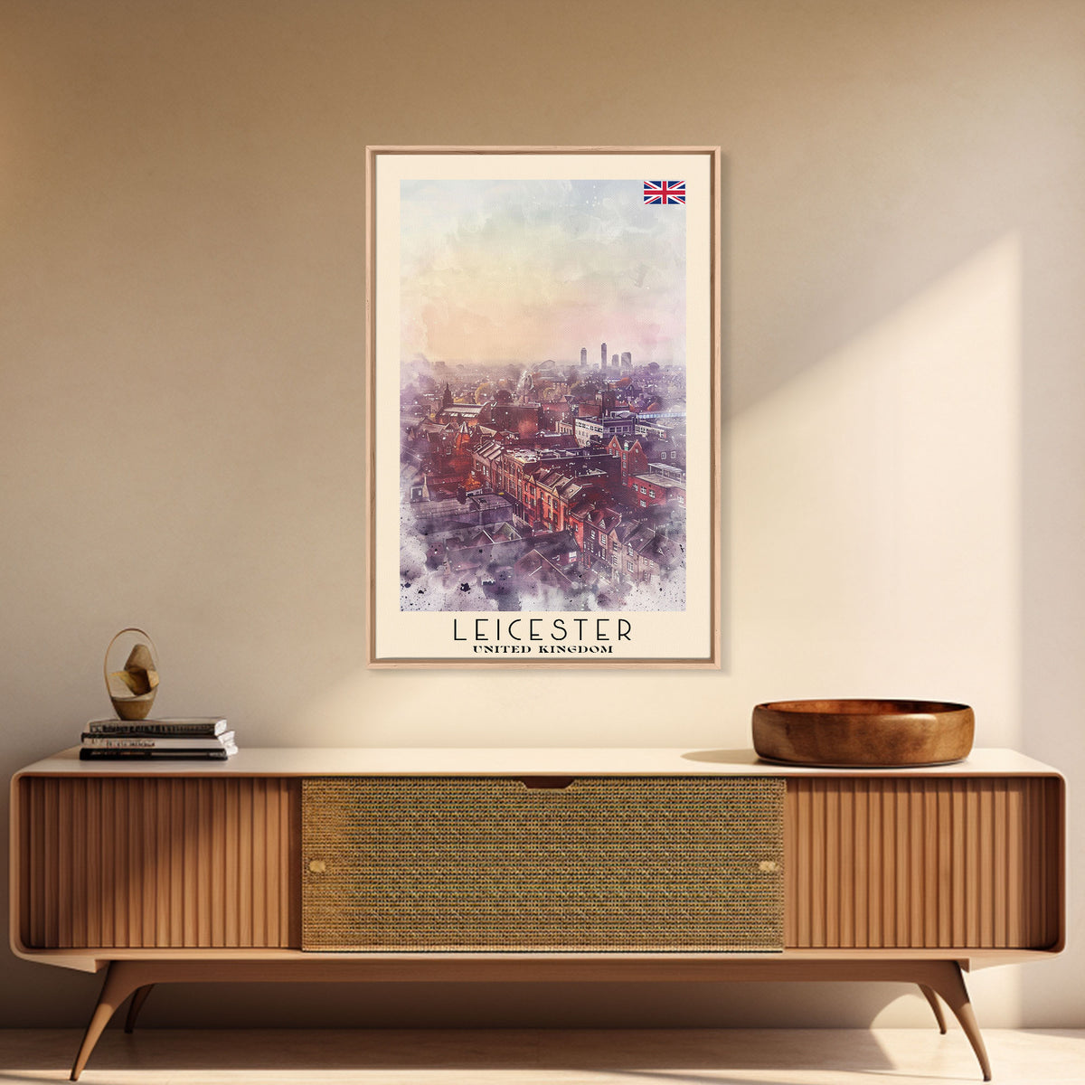 Leicester United Kingdom Travel Poster Framed Canvas Print, Historic Cityscape, Watercolor Art, Wall Decor, Home Decoration, Travel Print, Original Art