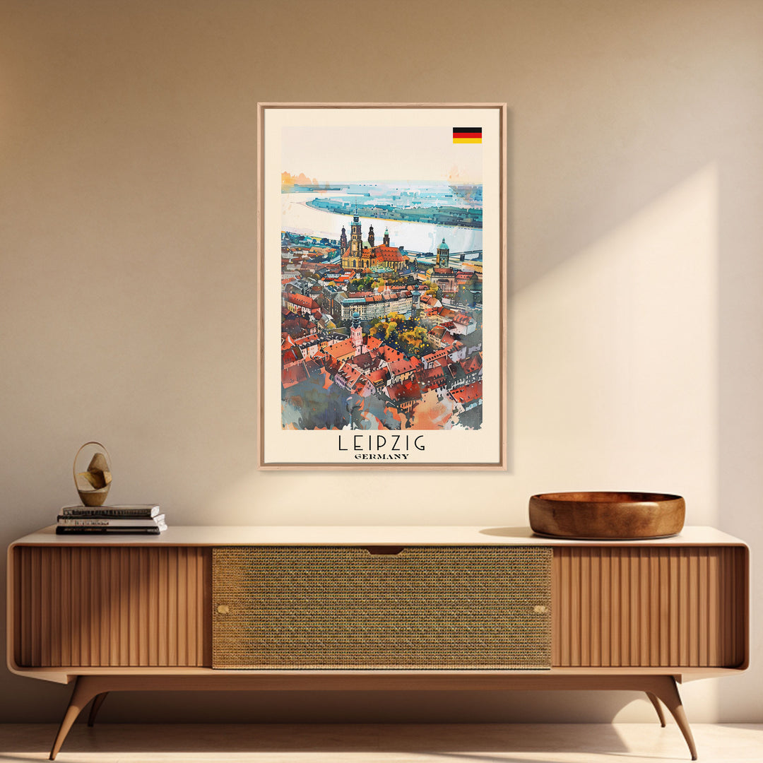 Leipzig Germany Travel Poster Framed Canvas Print, Urban Landscape, Watercolor Art, Wall Decoration, Home Decor, Travel Print, Artistic Gift