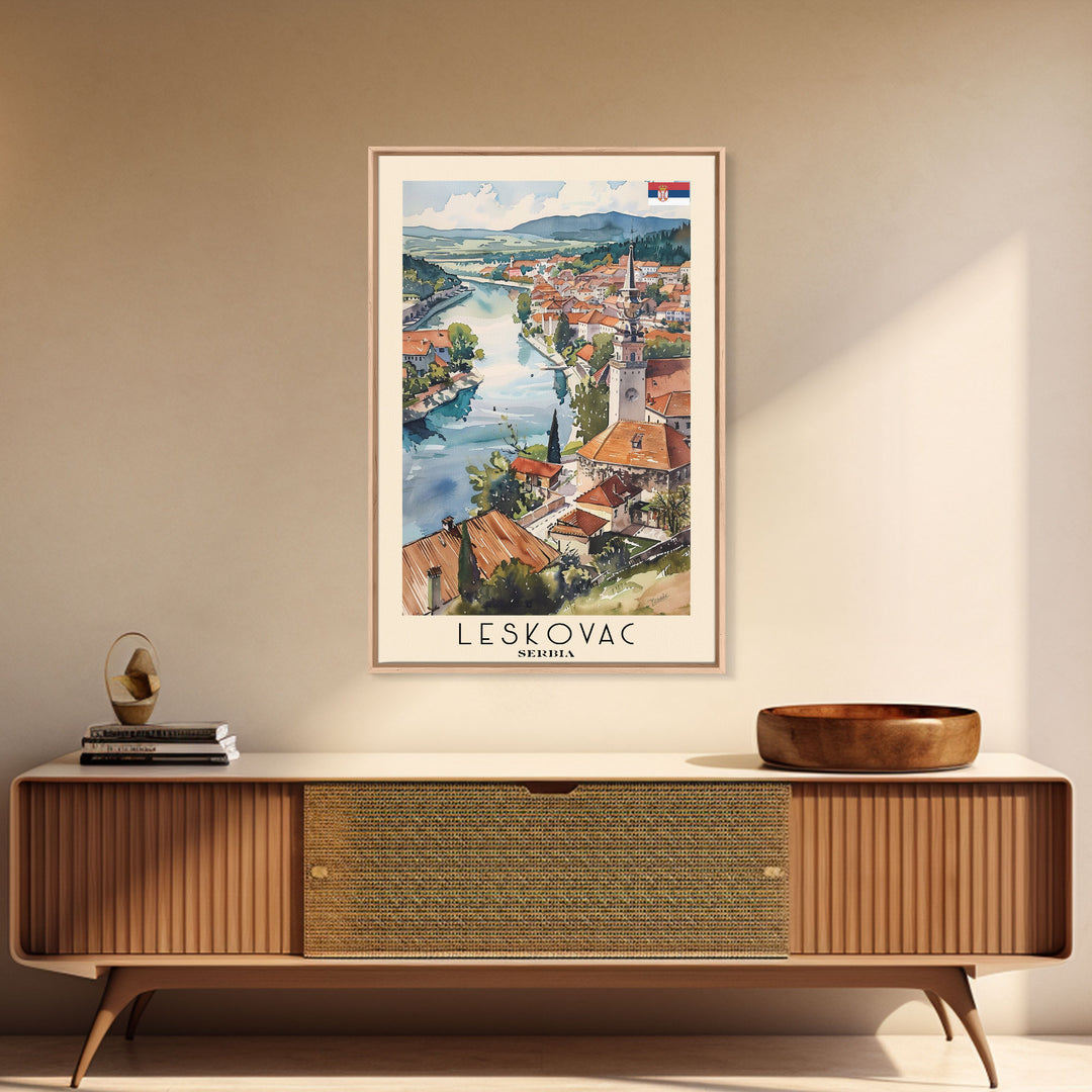 Leskovac Serbia Travel Poster Framed Canvas Print, Watercolor Cityscape, Wall Art, Home Decoration, Travel Print, Original Art, Artistic Gift