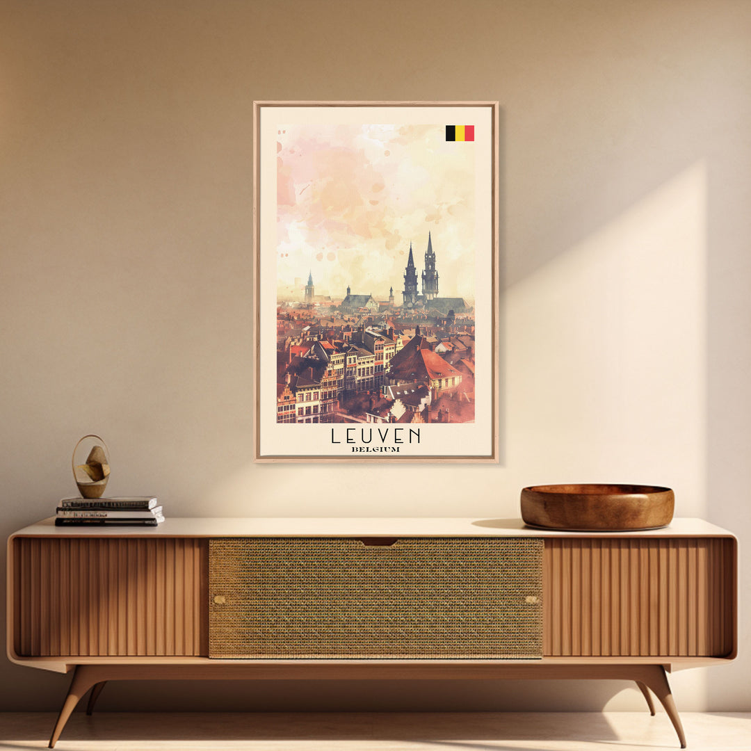 Leuven Belgium Travel Poster Framed Canvas Print, Historic Cityscape, Watercolor Art, Wall Decor, Home Decoration, Travel Print, Original Art
