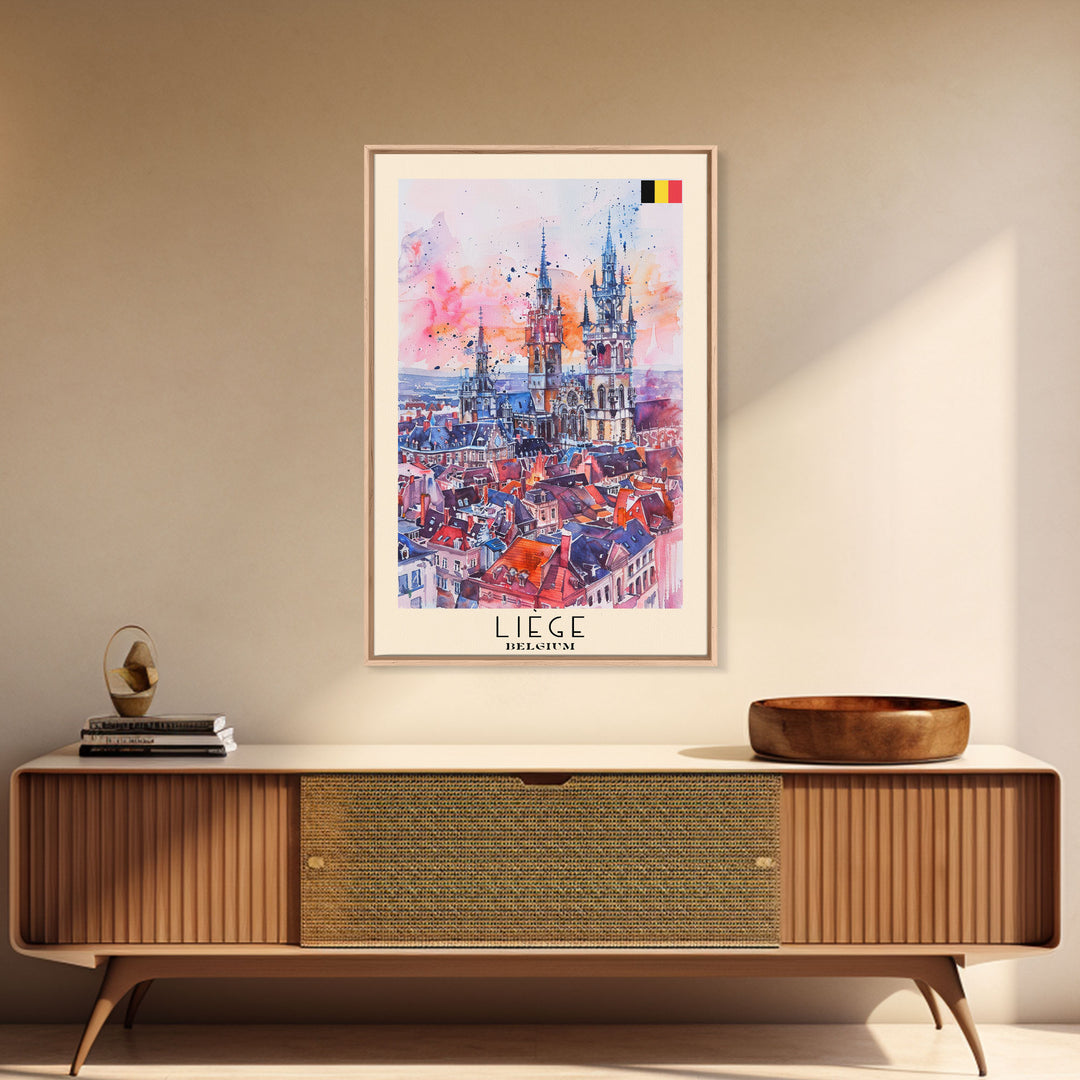 Liege Belgium Travel Poster Framed Canvas Print, Urban Landscape, Watercolor Art, Wall Decor, Home Decoration, Travel Print, Original Art