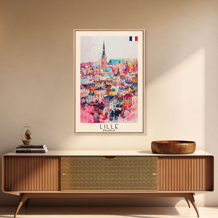 Lille France Travel Poster Framed Canvas Print, Historic Cityscape, Watercolor Painting, Wall Art, Home Decor, Travel Print, Artistic Gift