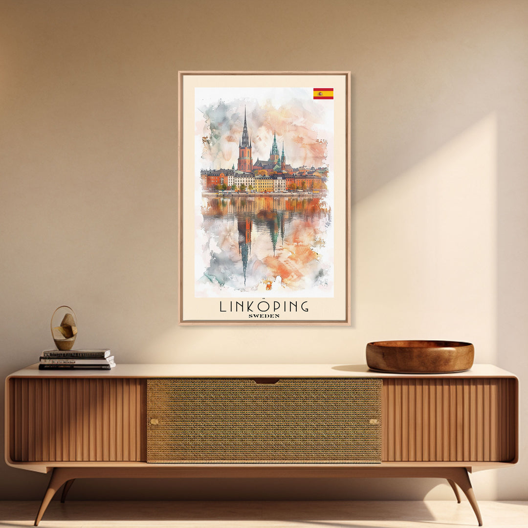 Linköping Sweden Travel Poster Framed Canvas Print, Urban Landscape, Watercolor Art, Wall Decor, Home Decoration, Travel Print, Original Art