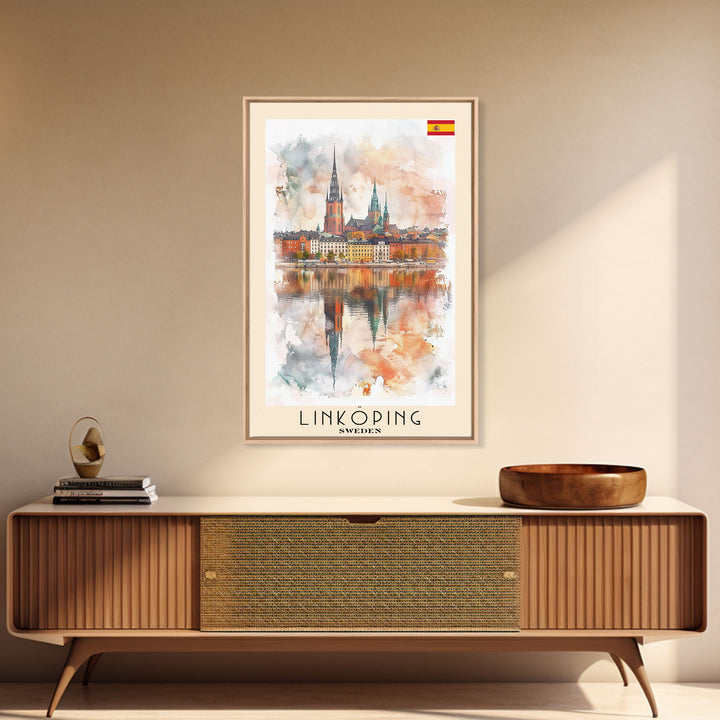 Linköping Sweden Travel Poster Framed Canvas Print, Urban Landscape, Watercolor Art, Wall Decor, Home Decoration, Travel Print, Original Art