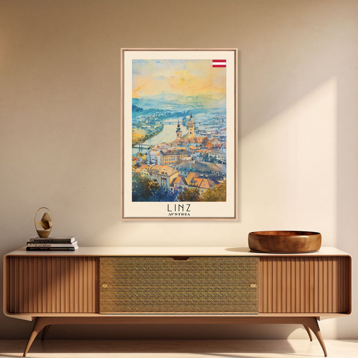 Linz Austria Travel Poster Framed Canvas Print, Scenic Landscape, Watercolor Painting, Wall Art, Home Decoration, Travel Print, Artistic Gift