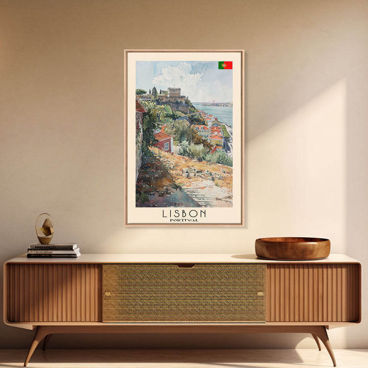 Lisbon Portugal Travel Poster Framed Canvas Print, Coastal Cityscape, Watercolor Painting, Wall Art, Home Decoration, Travel Print, Artistic Gift